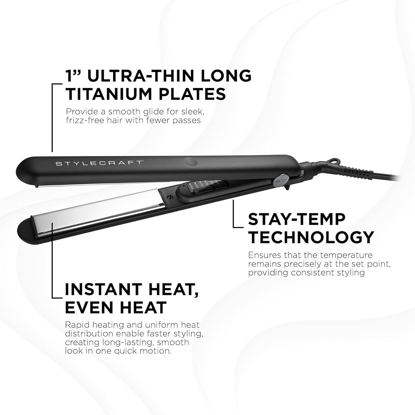 StyleCraft STAY-TEMP Professional 1-Inch Titanium Flat Iron, Titanium Ultra-Thin Hair Straightener for All Hair Types
