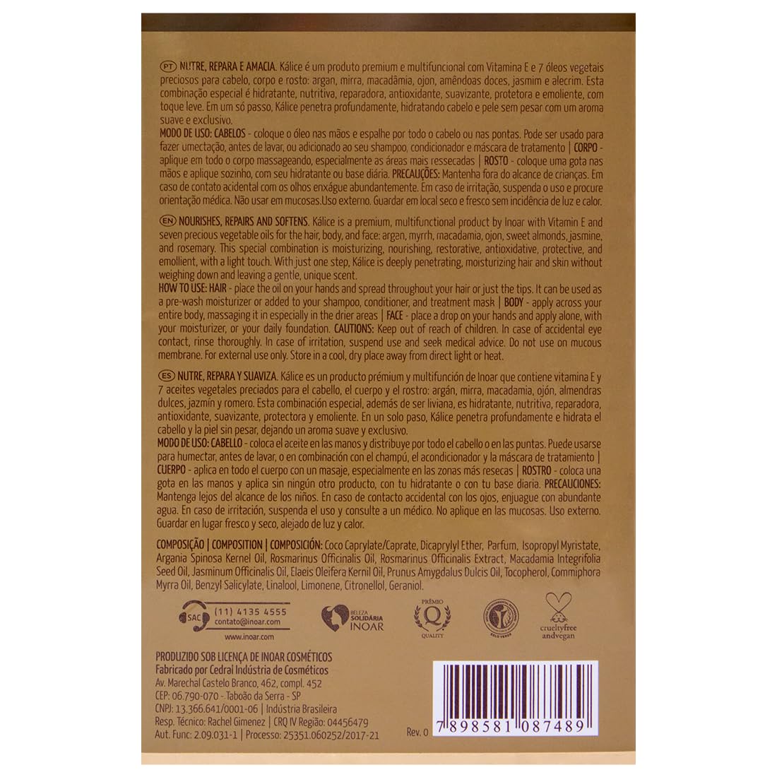 INOAR – Kalice Multifunctional Oil, 7 Essential Oils, Oil for Hair, Face, Body, Vitamin E, Argan Oil, Moisturizing, Nourishing, Vegan Hair Product, Cruelty Free Haircare for Men and Women (3.38 oz.)