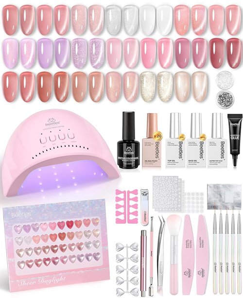 Beetles 80 Pcs Jelly Gel Nail Polish Set -20 Color Gel Nail Kit with U V Light and Cat Eye Top Coat Rubber Base, Milky Pink Nude Red Glitter Sheer Daylight Nails Kit Salon Gifts for Women Teens Girls