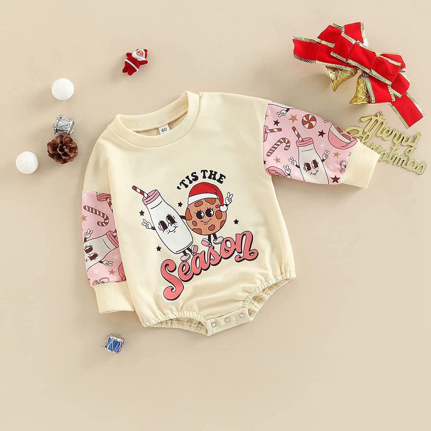 DOSYZTO Newborn Baby Girl Boy Christmas Sweatshirt Romper Outfit Tis The Season Letter Print Patchwork Sweaters Tops (Christmas Season Romper,12-18 Months)