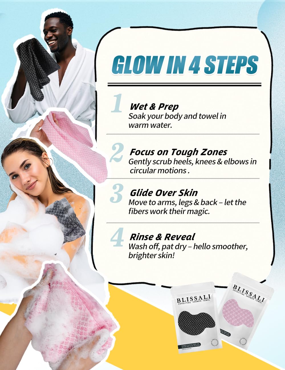 BLISSAL Exfoliating Shower Towel 48",Premium Scrub Wash Cloth for Body Face, Exfoliating Washcloth for Men and Woman(Black)