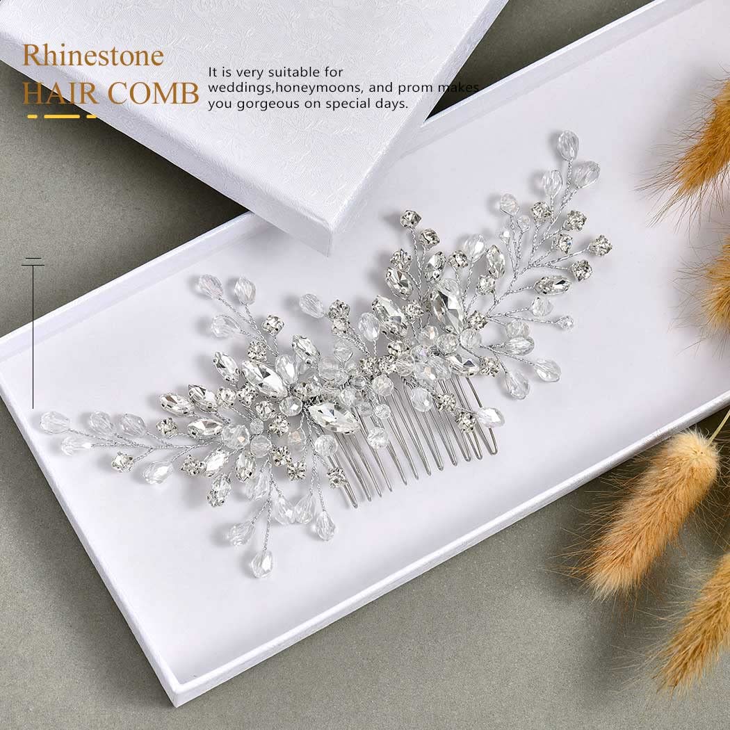 Catery Rhinestones Bridal Hair Comb - Silver Side Wedding Hair Accessory with Beads for Brides, Women, and Girls (A silver)