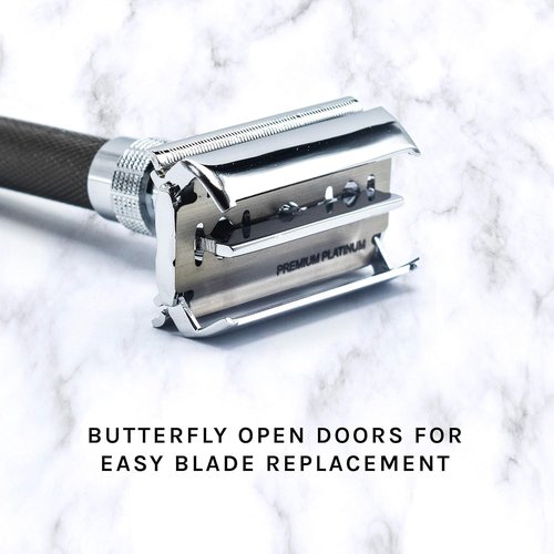 Parker 96R Graphite Gray Butterfly Safety Razor - Long Handle with 5 Premium Blades Included