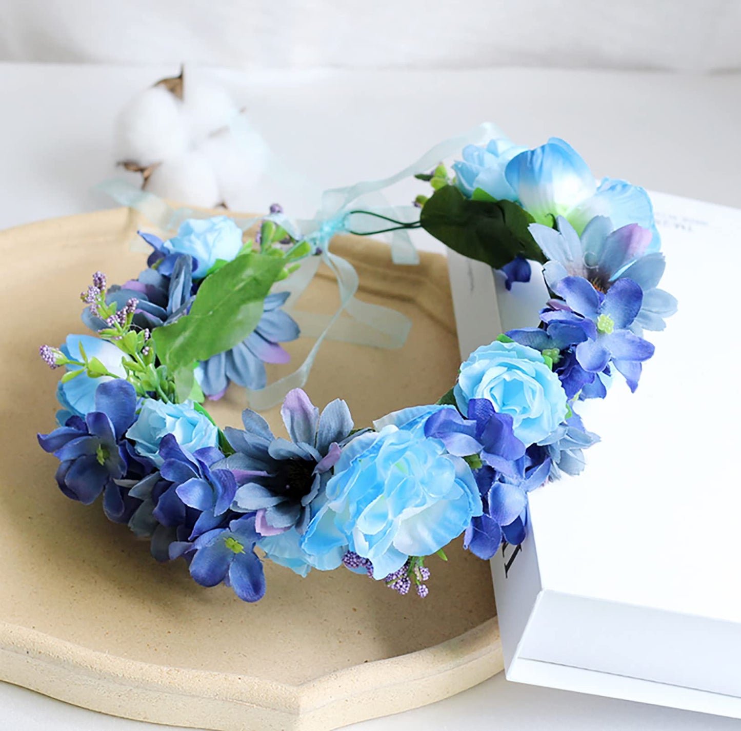 Trepveter Floral Crown Hairband, Blue, Adjustable Boho Halo with Ribbon, Perfect for Any Occasion Simulation Flower, 1x Flower Crown