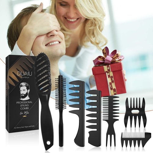 Hair Brush for Men, DUAIU 7Pcs Combs for Men, Hair Styling Comb Set with Vent Hair Brushes, Quiff Round Hair Brush, Wide Tooth Combs, Texture Comb for Blow Drying, Detangling, Grooming, Hairdressing