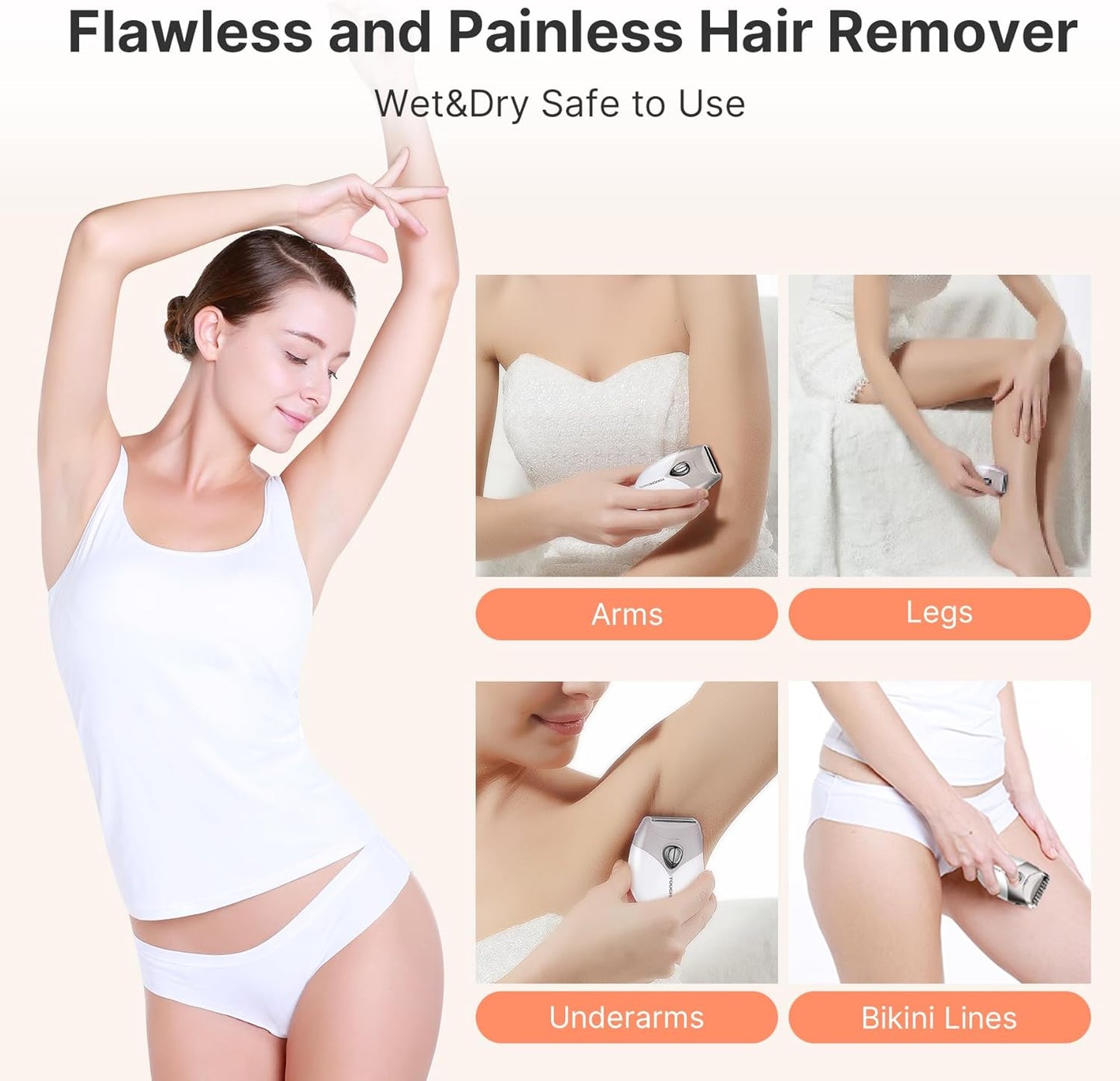 TOUCHBeauty Electric Shaver - Painless Bikini Trimmer with 3-Blade System | Cordless Wet/Dry Razor for Women, Gray