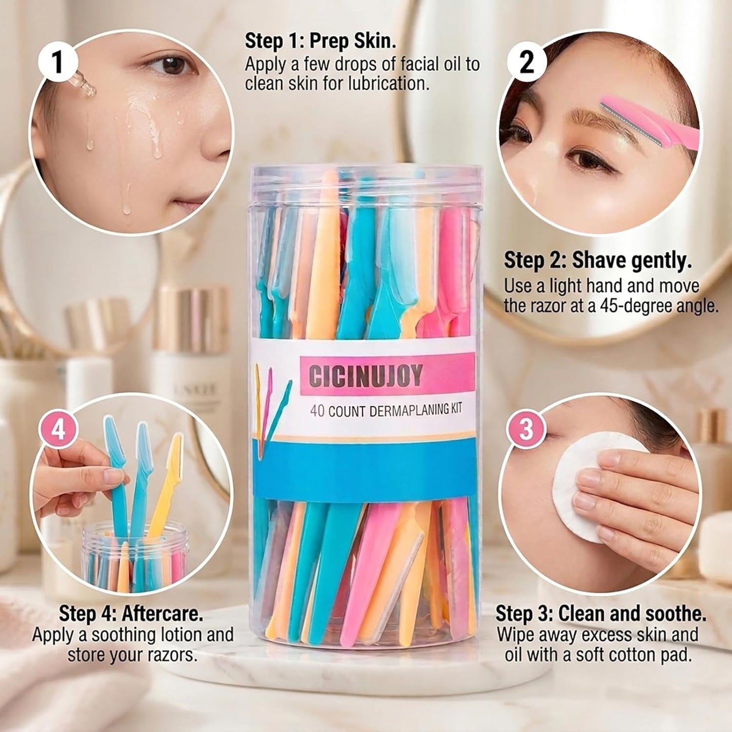 Skiennix Eyebrow Razor Kit - 40 Pcs Stainless Steel Face Shaver for Peach Fuzz Removal | Dermaplaning Tool