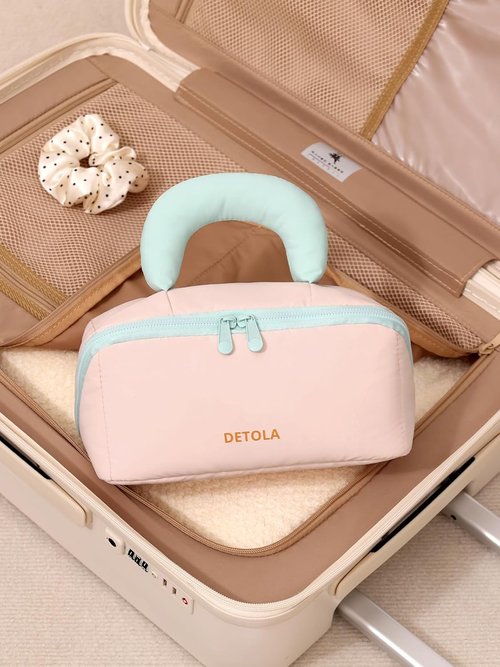 Detola Travel Makeup Bag - Waterproof Lay Flat Cosmetic Organizer with Compartments | Purple Portable Pouch