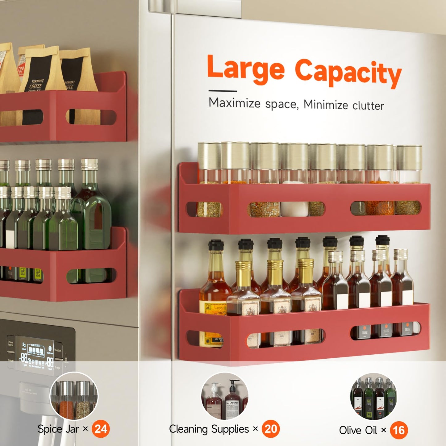 4 Pack Strong Magnetic Spice Rack for Refrigerator, Multipurpose Magnetic Shelf for Fridge with 4 Hooks for kitchen and Bathroom Organization, Black