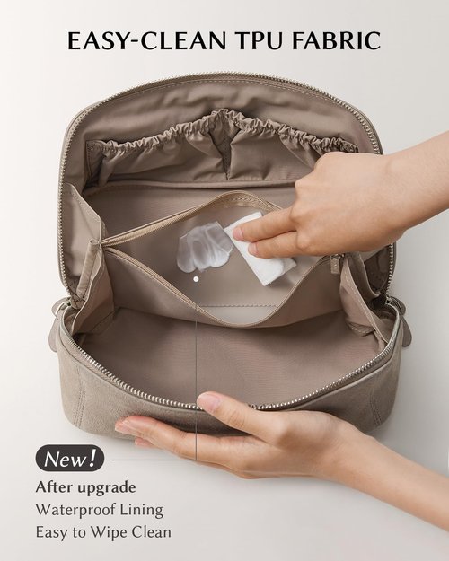 EACHY Leather Makeup Bag, Portable 180° Wide-Open Flat Cosmetic Bag for Women, Large Capacity Make Up Organizer Makeup Pouch with Divider and Handle