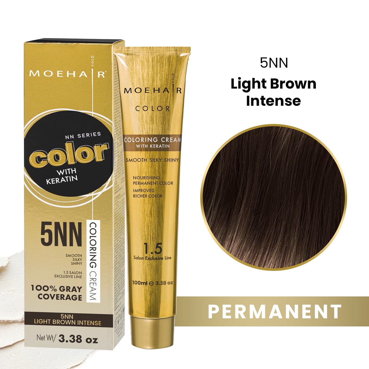 MOEHAIR 5NN Permanent Hair Color (Light Brown Intense) | Hair Dye for 100% Gray Coverage | Infused with Keratin | Adds Shine & Smoothens Hair | Non-Drippy | Double Pigmented (3.38Oz)
