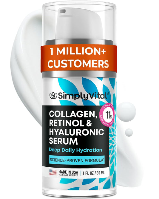 SimplyVital Collagen Serum - Anti-Aging Retinol & Hyaluronic Acid Moisturizer - Deep Hydration for Face & Neck, 1 fl. oz