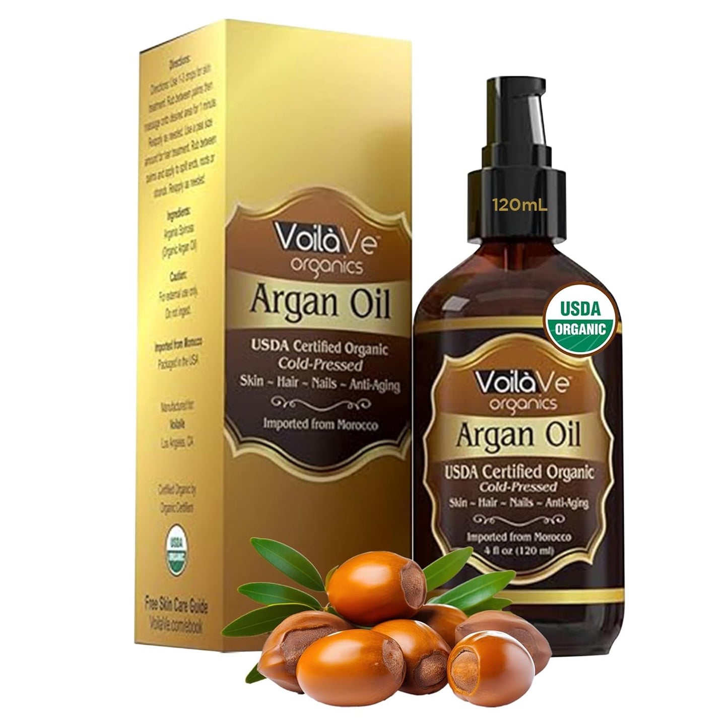 VoilaVe Organic Moroccan Argan Oil - Anti-Aging Face Moisturizer & Hair Growth | 4 fl oz, Cold Pressed, Rich in Vitamin E
