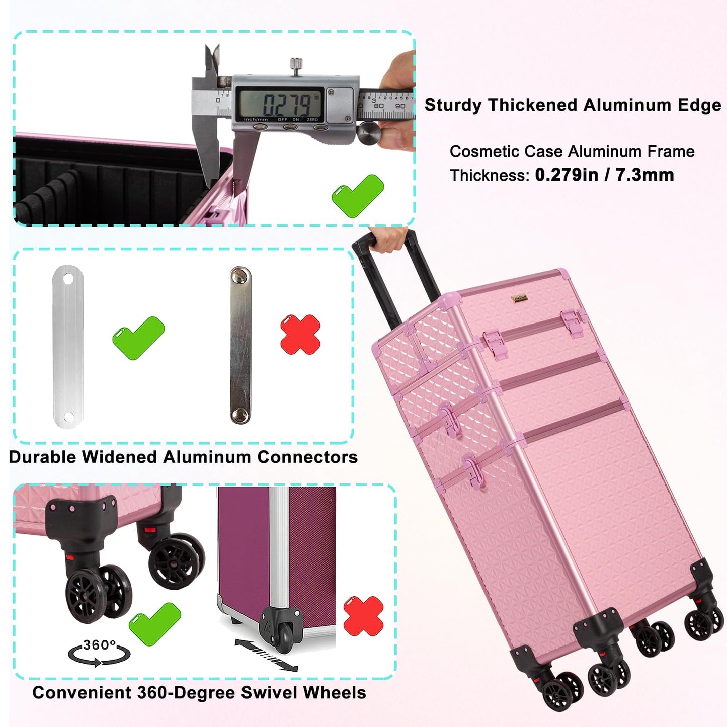 JINGUAN 3 in 1 Rolling Makeup Train Case, Multi-functional Cosmetic Trolley with 360° Swivel Wheels Keys, Large Storage Traveling Cart Trunk for Nail Technicians Hairstylist, Pink