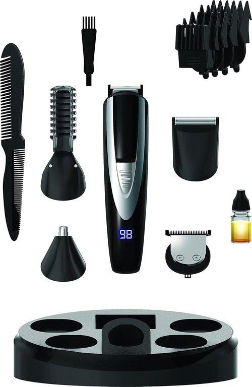 Perry Ellis Men's Grooming Kit - 16-Piece Rechargeable Beard Trimmer & Electric Razor Set | LED Display, 5 Guides