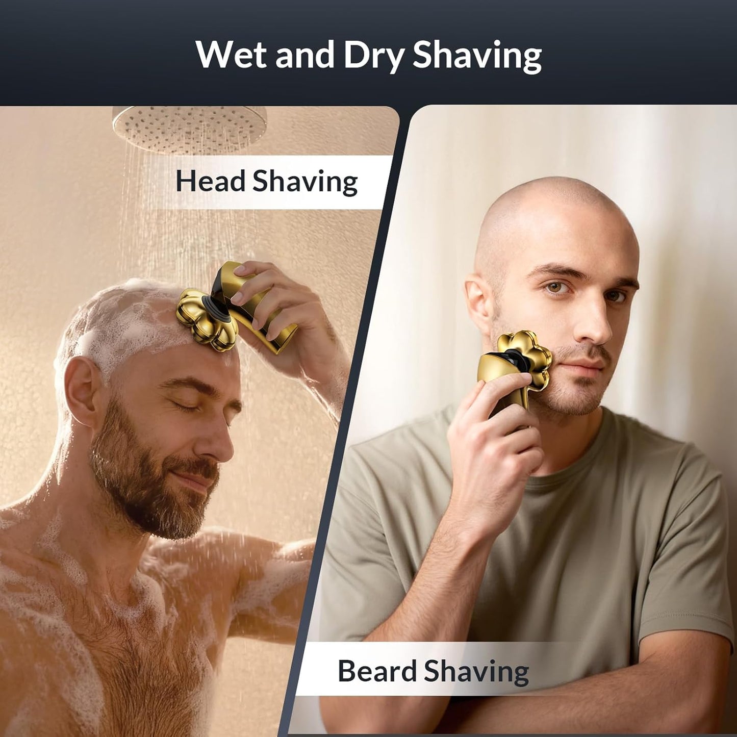 7D Arc Magnetic Head Shaver by [Brand Name] - Waterproof 5-in-1 Electric Razor & Grooming Kit, Gold