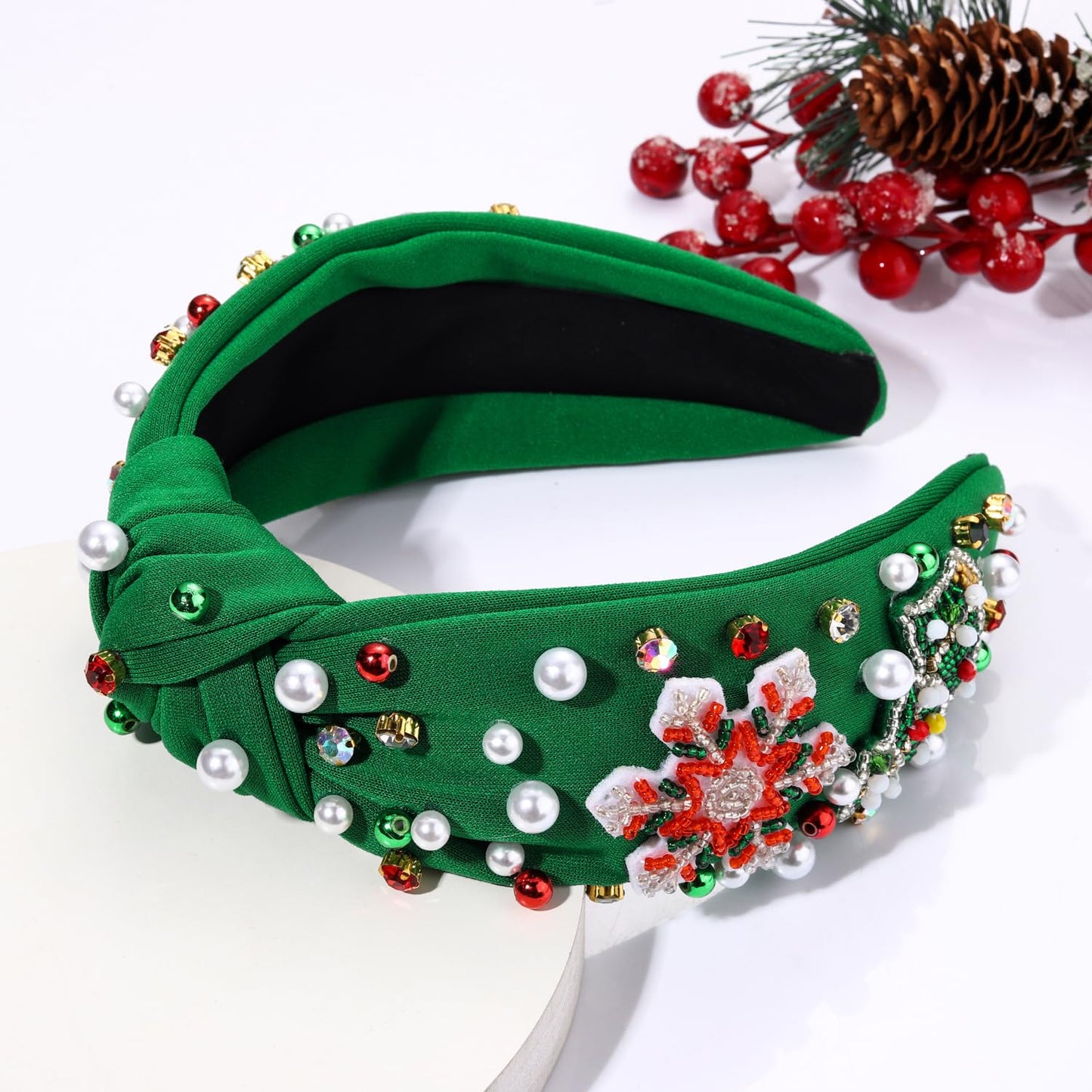 PHALIN Christmas Holiday Headband for Women Christmas Accessories Reindeer Snowflake Candy Cane Knotted Headband Red Green Beaded Rhinestone Pearl Wide Top Knot Headband (Xmas Tree&Rinedeer)