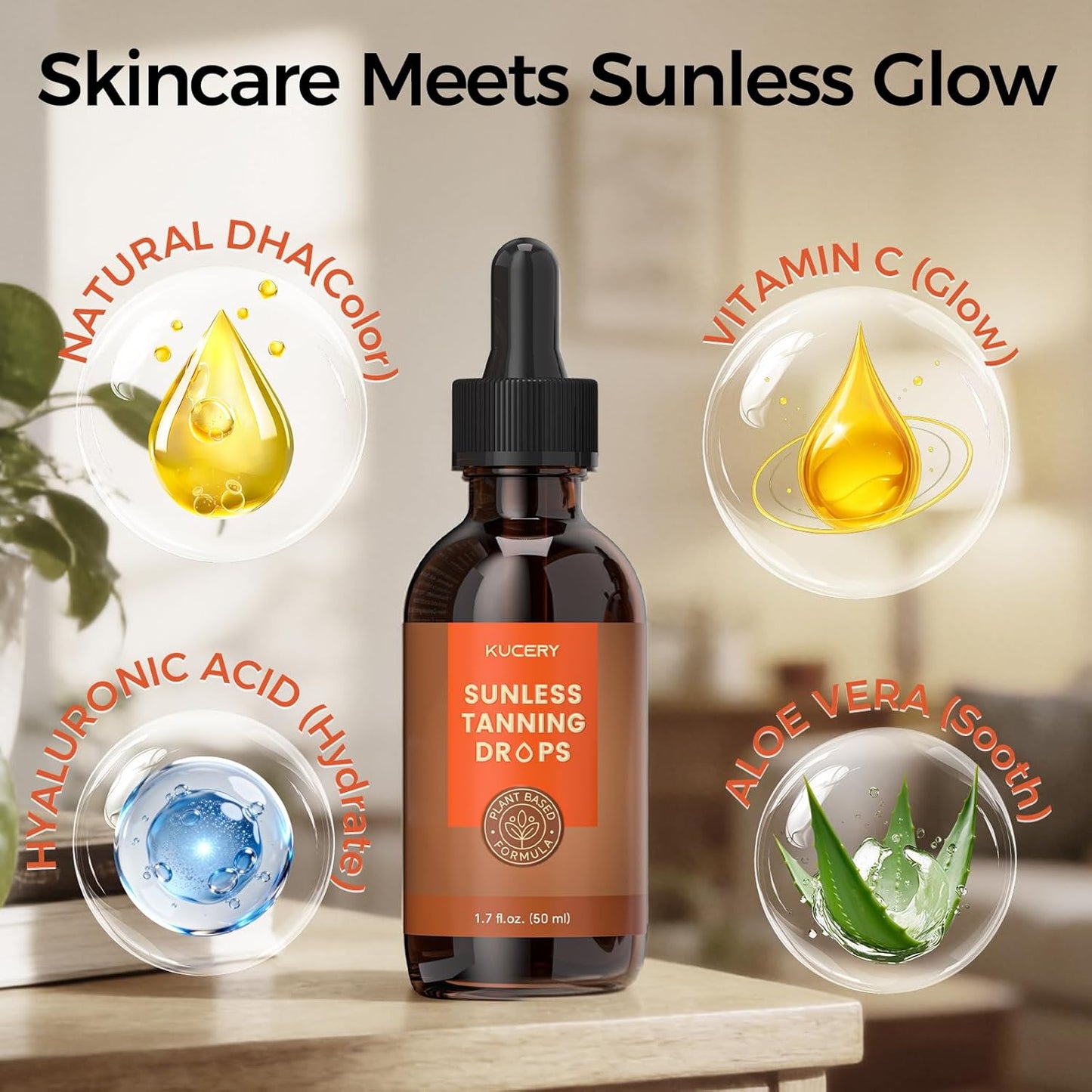 Sunless Tanning Drops - Plant-Based Self Tanner for Face & Body | Streak-Free Bronzing Serum, 1.7 fl oz