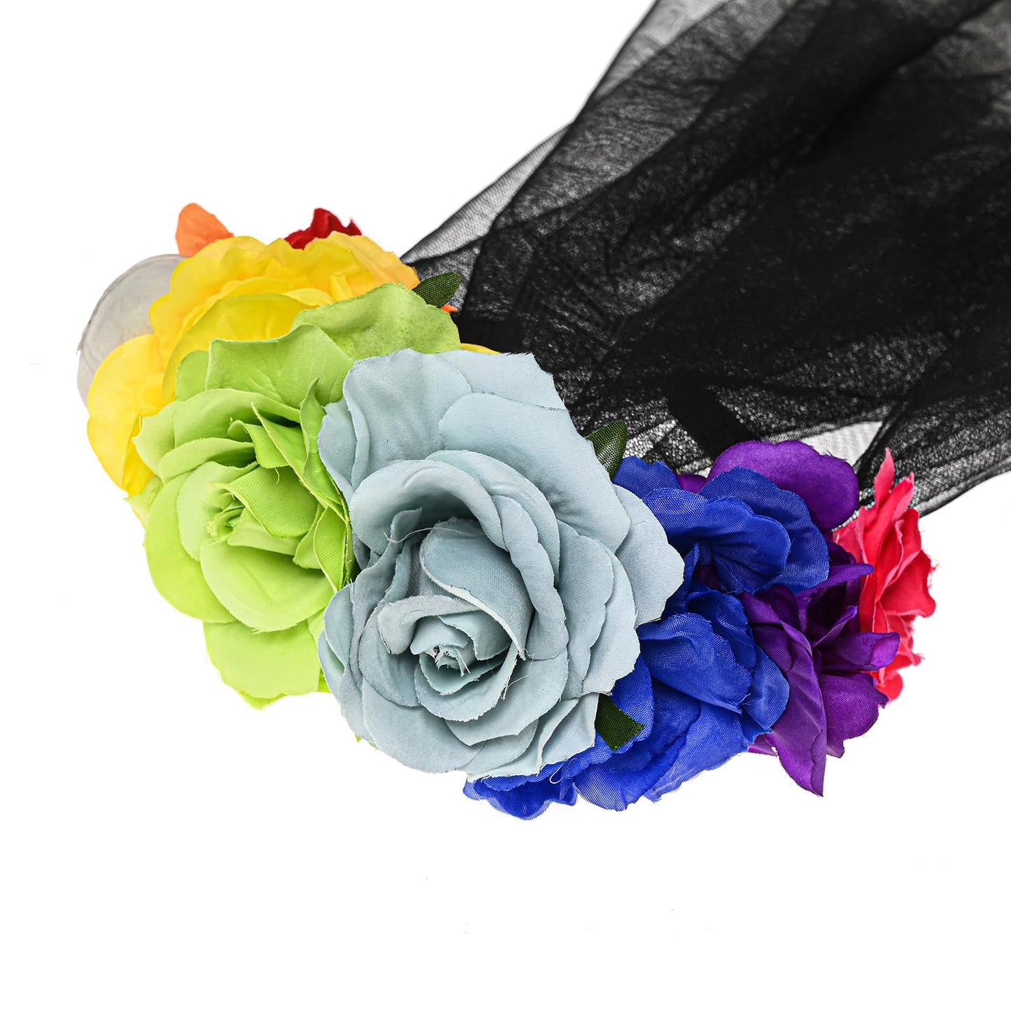 Fleursun Day of The Dead Floral Crown Mexican Flower Headpiece for Halloween Cosplay Costume Headpiece (Skull rainbow veil)