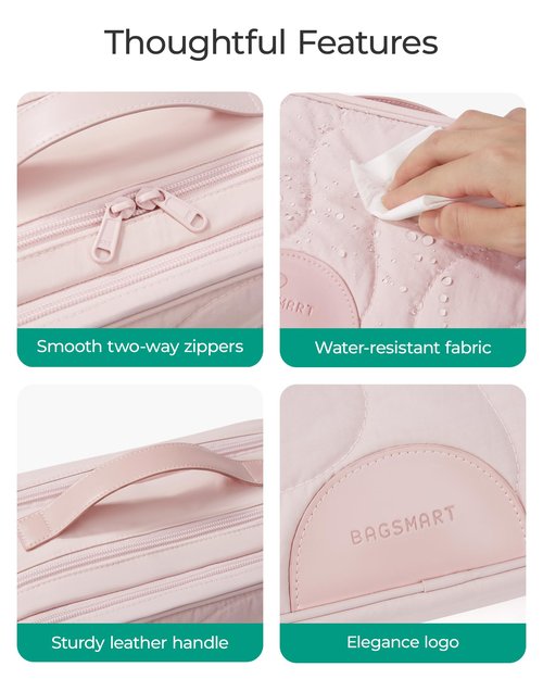 BAGSMART Toiletry Bag for Women, Wide-open Makeup Bag Organizer for Travel Essentials Travel-size, Water-resistant Large Capacity Cosmetic Bag for Accessories, Shampoo, Toiletries with Handle, Pink