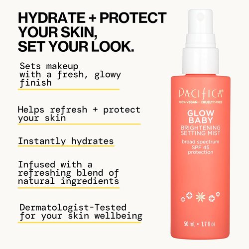 Pacifica Glow Baby Brightening Setting Spray - SPF 45 UVA/UVB Protection | Vegan Facial Mist, 1.7 fl oz