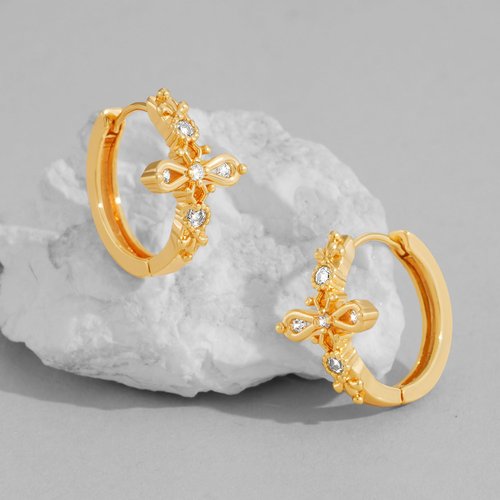 DREMMY STUDIOS Gold Dainty Huggie Hoop Earrings 18K Gold Plated Exquisite Open Tassel Dangle Charm Drop Sleeper Geometric Cross Coin Star Heart White CZ Simple Hypoallergenic Earrings for Women