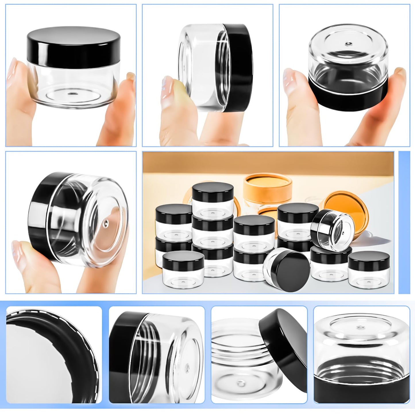 MotBach 40 PCS 15g Empty Plastic Containers with Black Lids, Small Makeup Containers, 0.5oz Small Sample Pot Jars Round Travel Cosmetic Jars with Spatulas for Liquid, Powder, Cream, Lotion