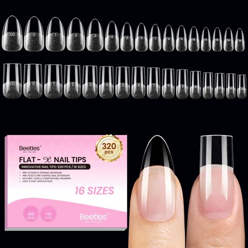 Beetles Gel Nail Tips Flat-X - Almond Square Medium, 320pcs 16 Sizes, Pre-Etched Half Matte Full Cover Soft Acrylic Press on Easy DIY False Nail Extension Salon for Flat & Natural Nail Beds