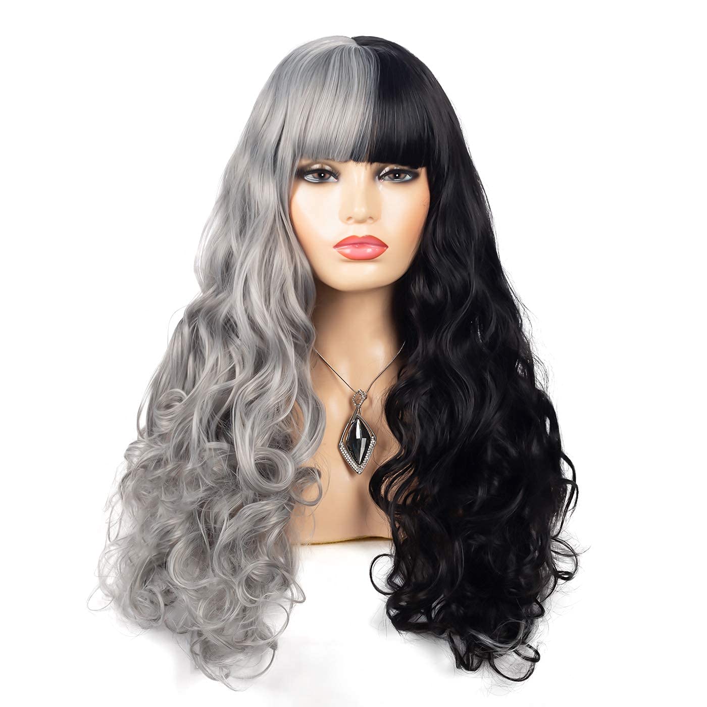 Baruisi Half Black Grey Wig With Bangs Long Curly Wavy Synthetic Heat Resistant Costume Cosplay Wigs for Women