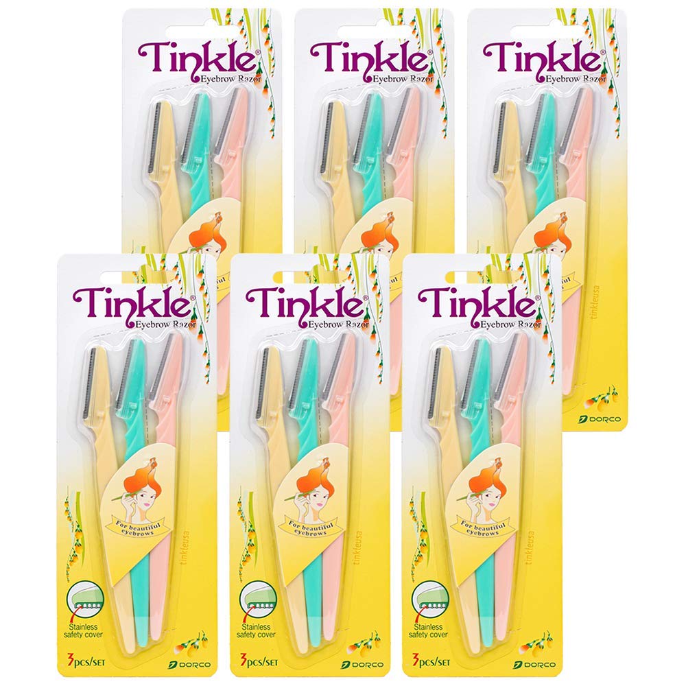 Dorco Tinkle Eyebrow Razors | 18 Razors. (6 Packs of 3) | Eyebrow Trimmer & Dermaplaning Tool | Safe & Easy Facial Hair Removal | Stainless Steel Safety Cover | Ideal for Korean Skincare, Easter Gift