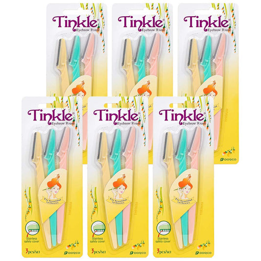 Dorco Tinkle Eyebrow Razors | 18 Razors. (6 Packs of 3) | Eyebrow Trimmer & Dermaplaning Tool | Safe & Easy Facial Hair Removal | Stainless Steel Safety Cover | Ideal for Korean Skincare, Easter Gift