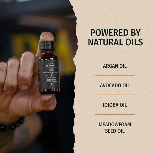 Live Bearded Beard Oil - Premium All-Natural Jojoba for Dry Skin | 1 Fl Oz | 1880 Scent: Bourbon, Bitters, Citrus