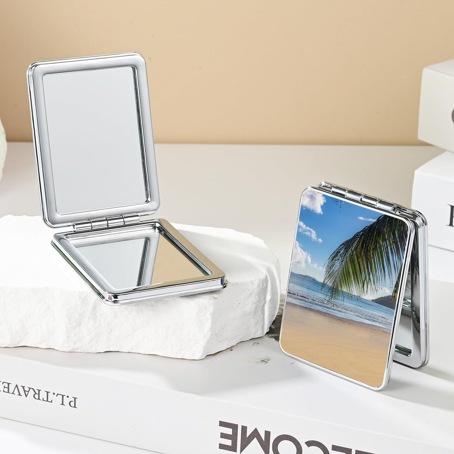 dcdcee Pocket Mirror, Small Travel Mirror with Magnification, Portable Double-Sided Magnifying Cosmetic Mirror for Daily (Beach)