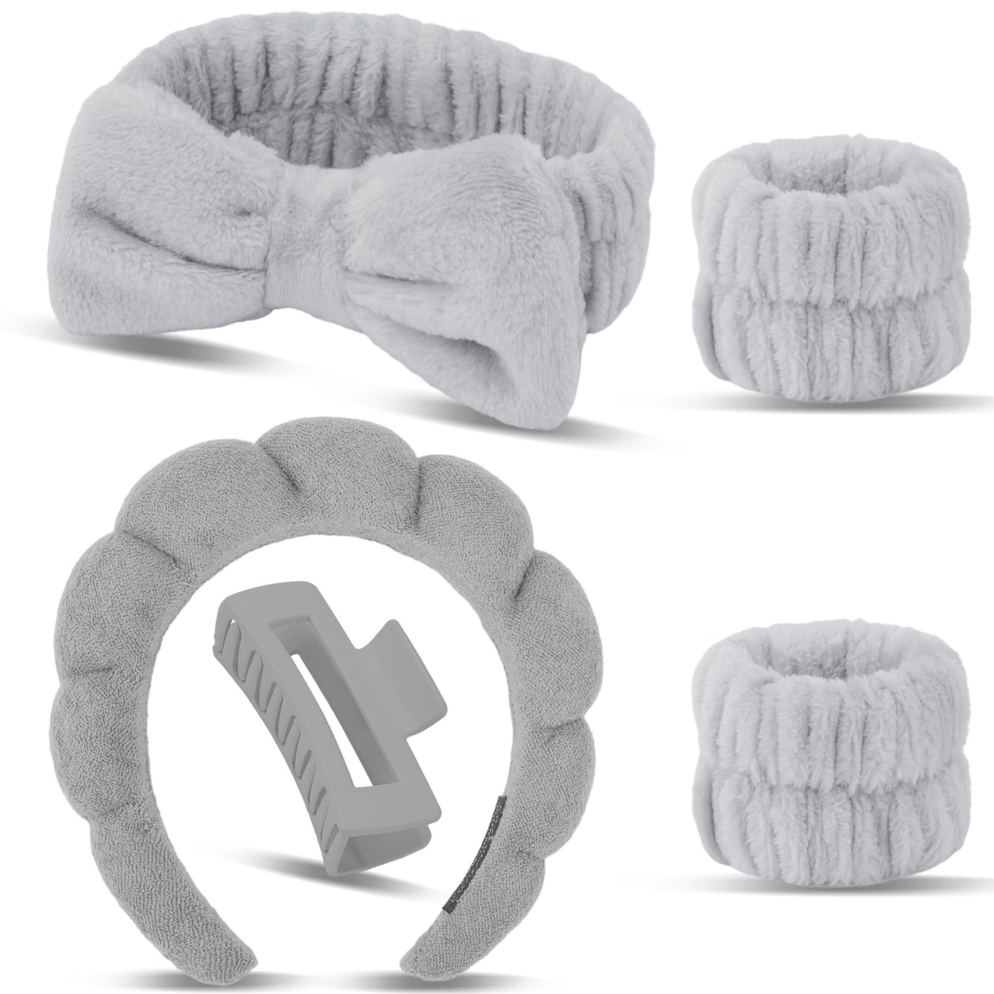 Canitor Sponge Spa Headbands Wristband Set with Hair Clips Skincare Headbands for Washing Face Non Slip Puffy Terry Cloth Makeup Headband Face Wash Wrist Bands Cute Trendy Stuff (gray)