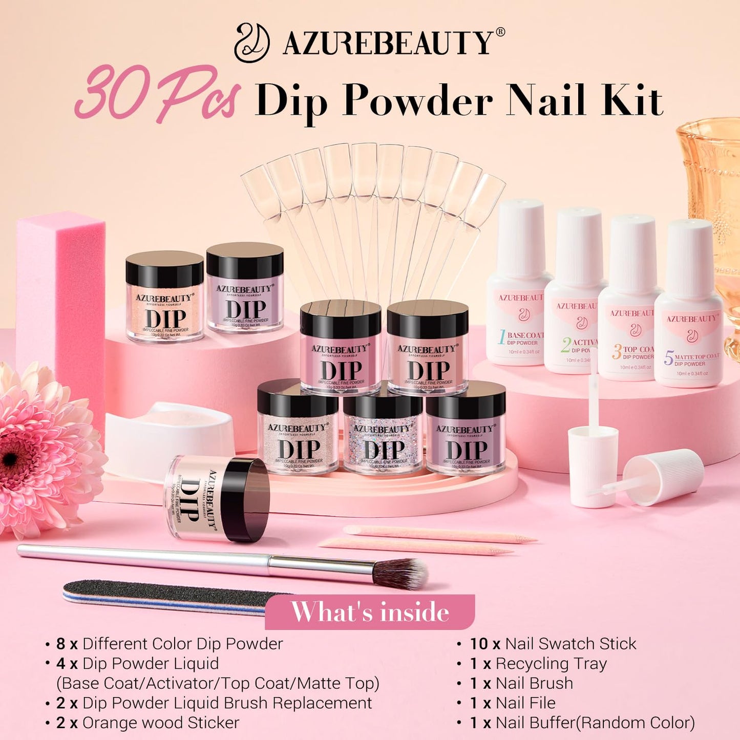 AZUREBEAUTY Dip Powder Nail Starter Kit with Matte Coat, 8 Hot Pink Glitter Neon Summer Color, Dipping Powder Liquid Set with Base/Top Coat/ Activator/10 Nail Sticks Salon at Home