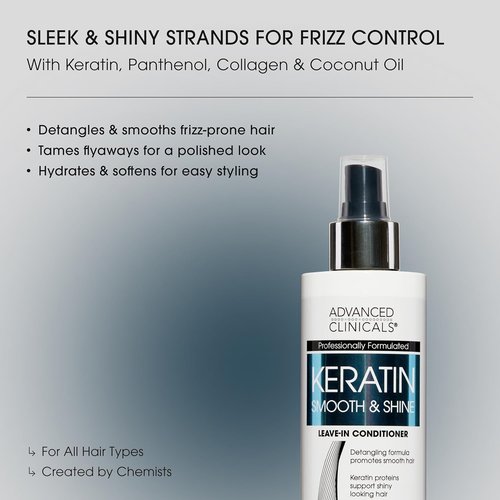 Advanced Clinicals Keratin Detangler Spray - Lightweight Leave-In Conditioner for Strong, Shiny Hair | 8 Fl Oz