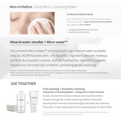 LAGOM Cellup Micro Cleansing Water, Natural Micellar, Moisturizing Face Wash, Facial Cleanser for All Skin Type 11.83 Fl Oz
