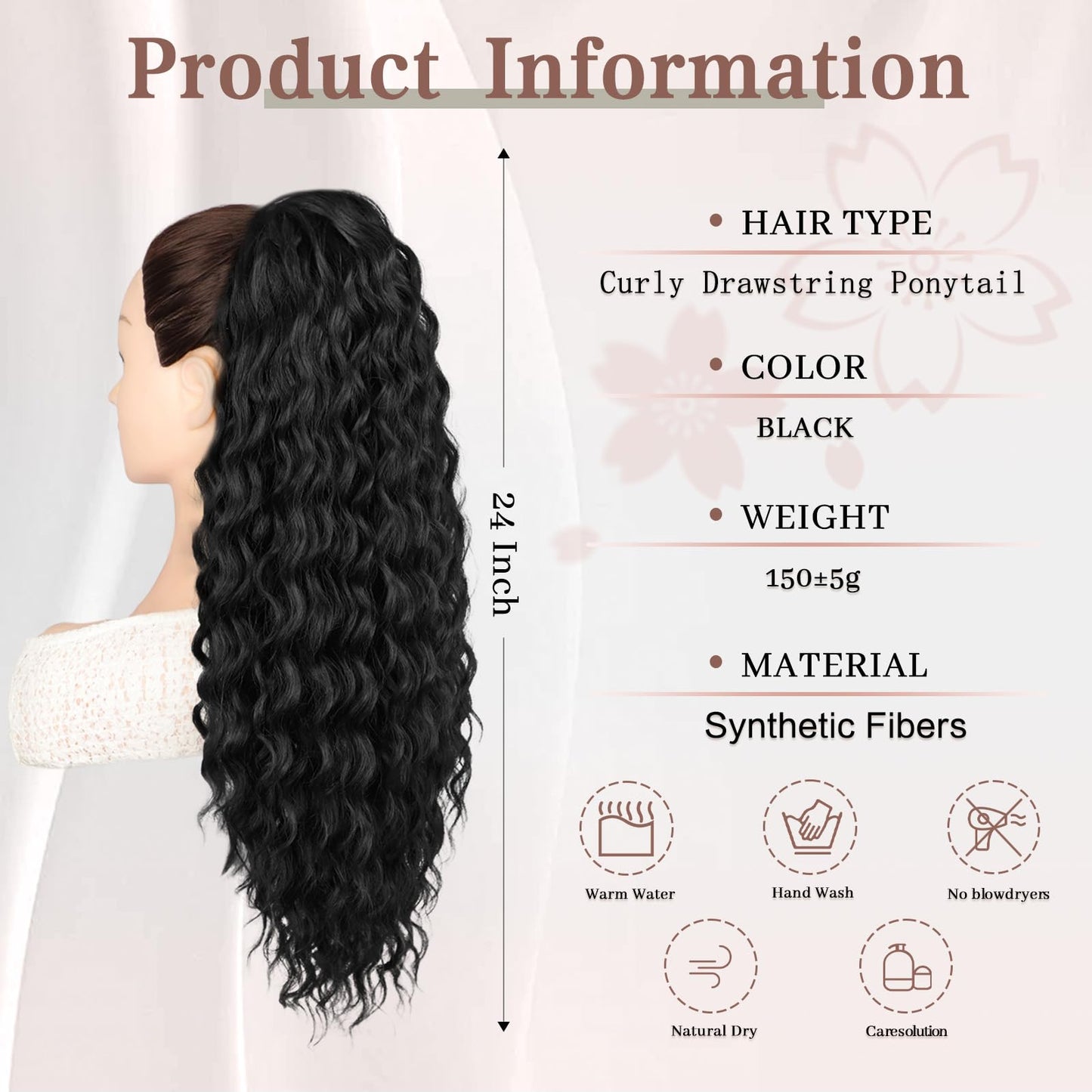 AISI BEAUTY Curly Ponytail Extension 24" Drawstring Ponytail for Black Women Clip in Ponytail Black Ponytail Extension Synthetic Hairpiece for Daily Party(1B)