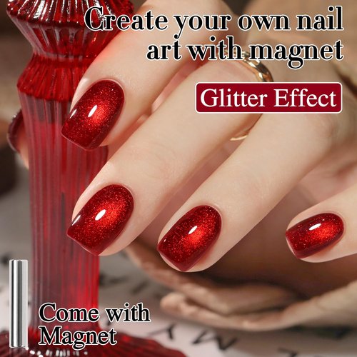 Double Rhythm Cat Eye Gel Polish - 0.5 OZ Holographic Glitter Magnetic Nail Polish | Blood Red