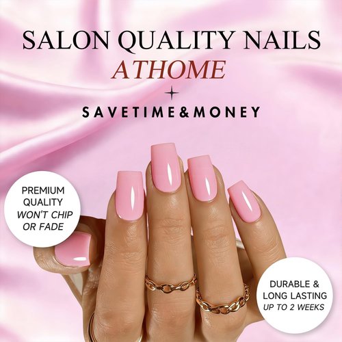 JOYVVEW Baby Pink Press On Nails Medium Square, Bright Pink Short Fake Nails with Glue, Neutral Glossy Coffin Stick Glue on Nails for Women, Reusable UV Finish Acrylic False Nail Set, 28 Pcs