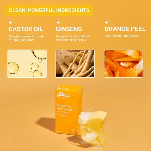 Ethique Clarifying Shampoo Bar - Oily Hair Solution with Castor Oil | Plastic-Free, Vegan, 3.88 oz