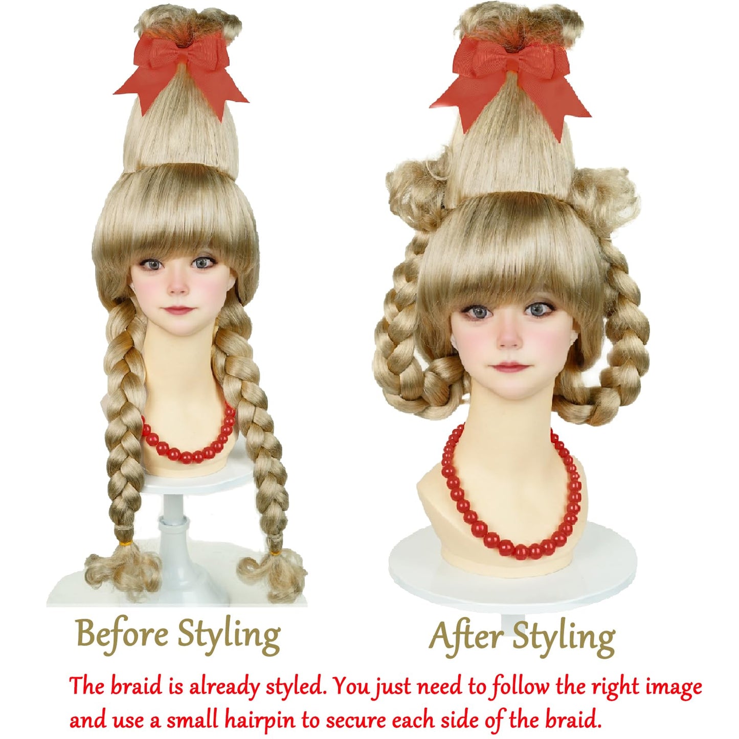 Kids Blonde Braided Wig with Red-bow Earrings, Christmas Cindy Wig with Accessories for Halloween Christmas Costume Party