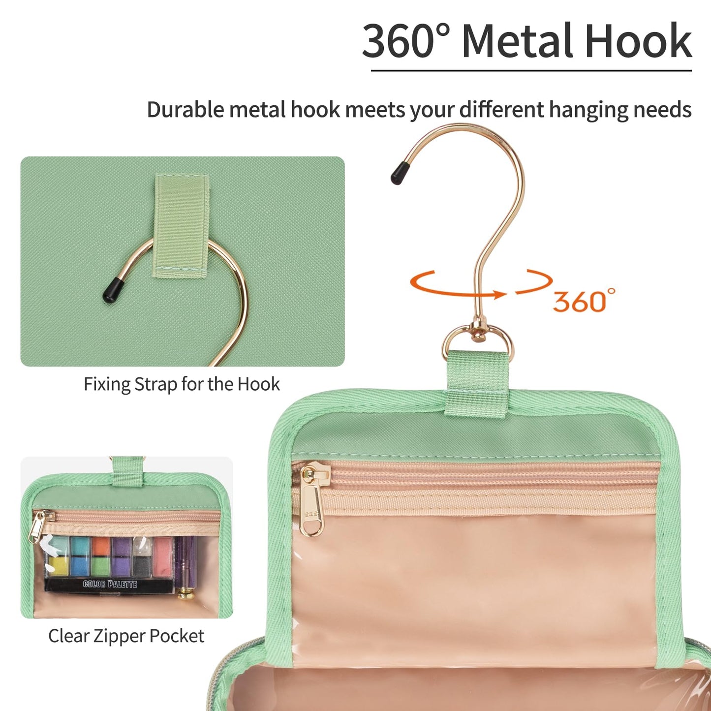 CUBETASTIC Hanging Travel Toiletry Bag, Portable Green Makeup Bag with Handle, 3 Compartment Small Travel Bag for Toiletries Waterproof Leather Cosmetic Organizer Pouch with 360° Hook