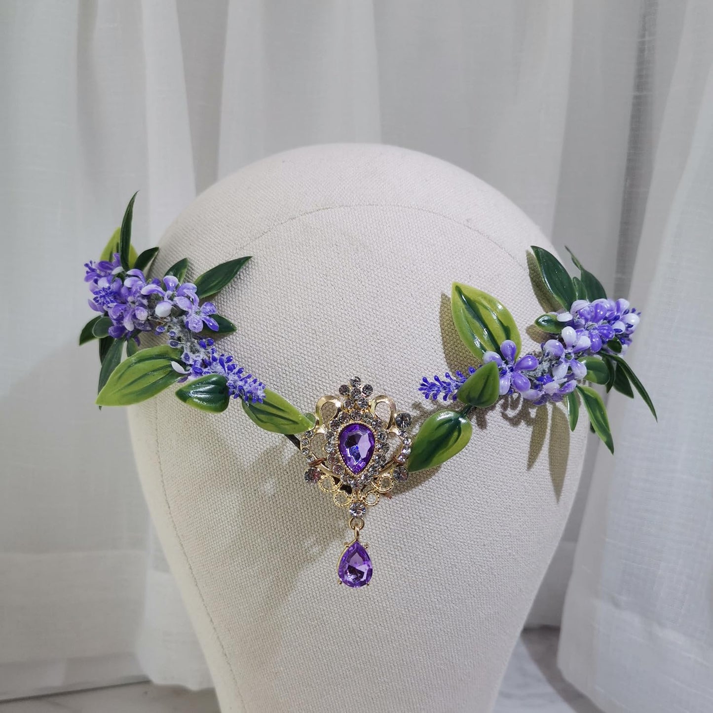 Bubbmi Fairy Costume Floral Headband, V-shape Woodland Elf Purple Flower Headpiece with Pendant for Women (ZM01PURPLE)