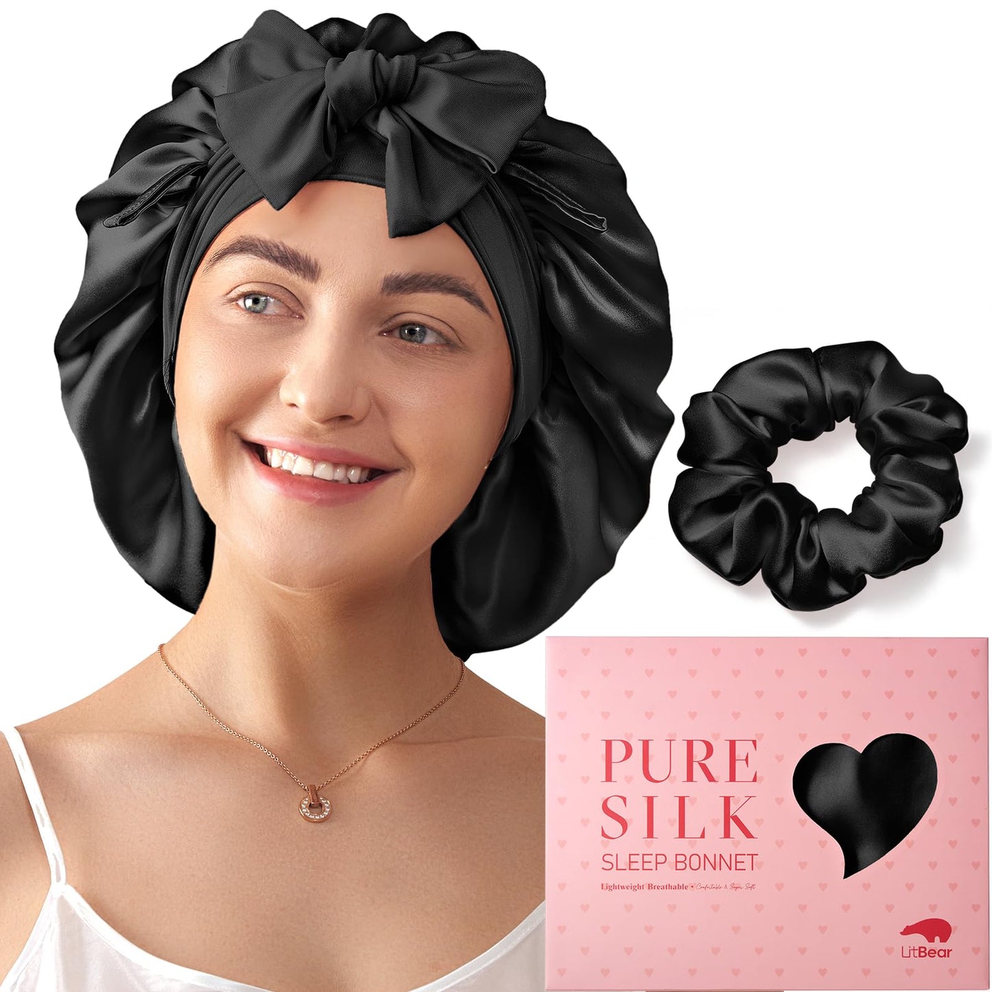 LitBear 100% Mulberry Silk Bonnet for Sleeping Women, 6A 22 Momme, Large Double-Layer Silk Hair Wrap with Tie Band, Non-Slip Silk Turban, Includes Silk Scrunchie