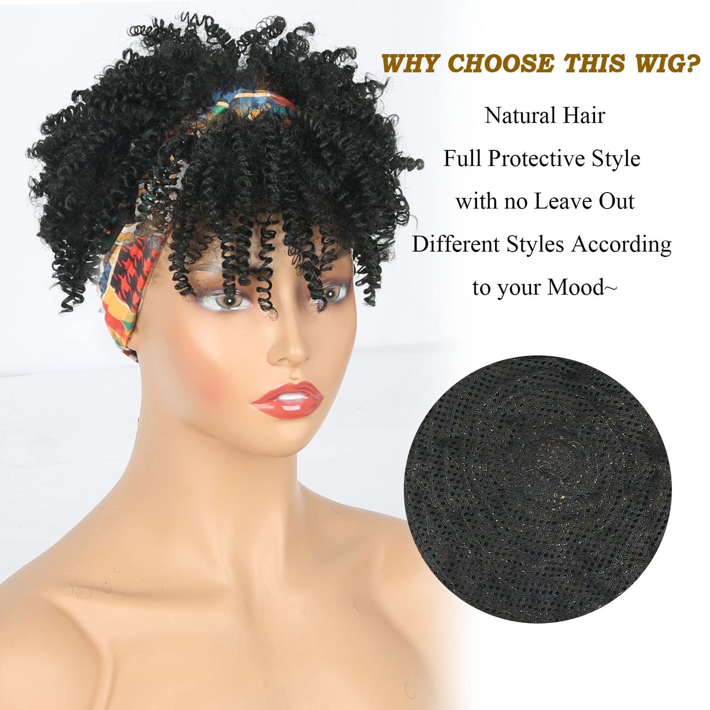 LEOSA Afro Curly Headband Wig with Bangs Short Afro Black Headband Wigs for Black Women Kinky Curly Afro Puff with Bangs Drawstring Ponytail Extension for Black Women