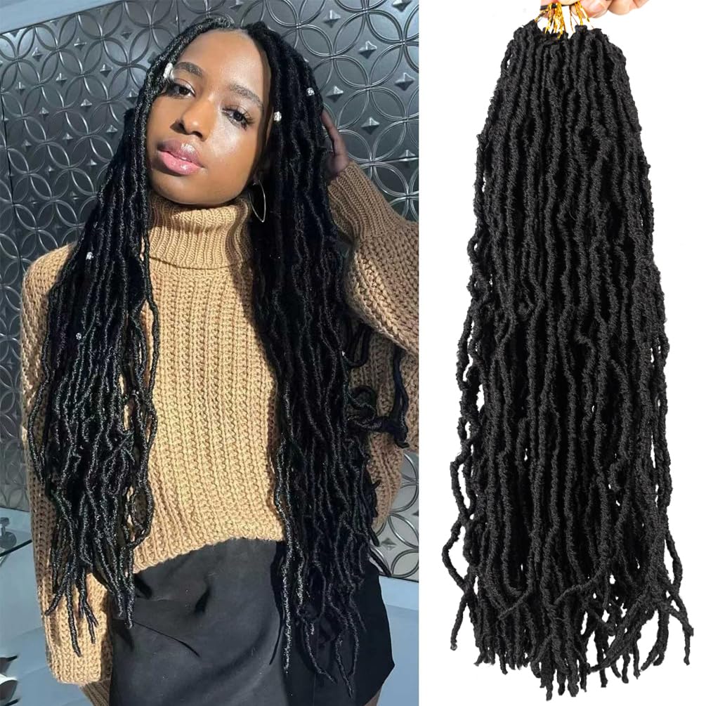 FAIRISE - 6 Packs Faux Locs Crochet Hair for Black Women - Long Soft Locs 30 inch 1B Natural Black - Synthetic Pre Looped Curly Wavy Goddess Locs Crochet Hair