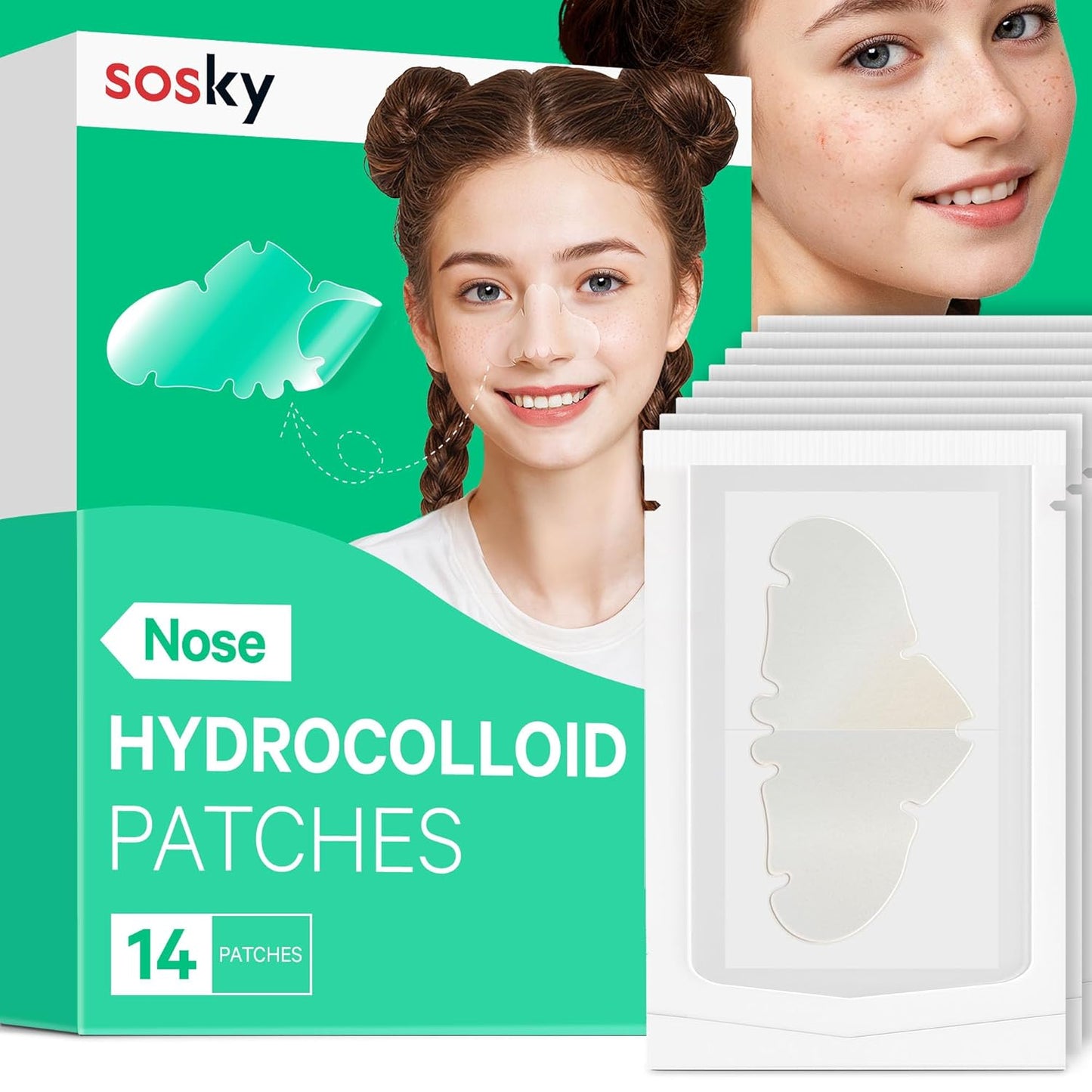 Sosky Hydrocolloid Nose Patches - Overnight Oil Absorbing Acne Strips for Clear Skin | 14 Count