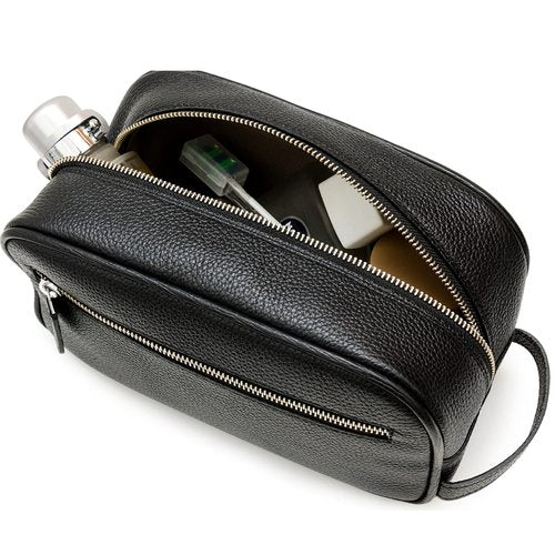 Maruse Italian Leather Toiletry Bag - Handmade Travel Organizer with 2 Zippered Closures | Black