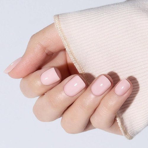 Modelones Press-On Nails - Extra Short Semi-Transparent Squoval Design | 32 Pcs in Soft Pink, Reusable Kit with Glue & File